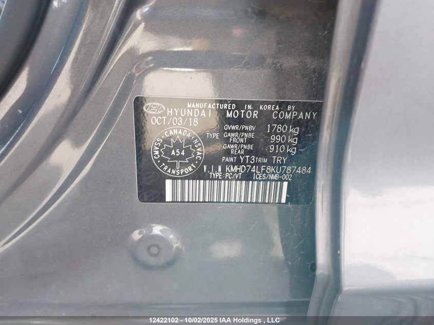 2019 Hyundai Elantra Se VIN: KMHD74LF8KU787484 Lot: 12422102