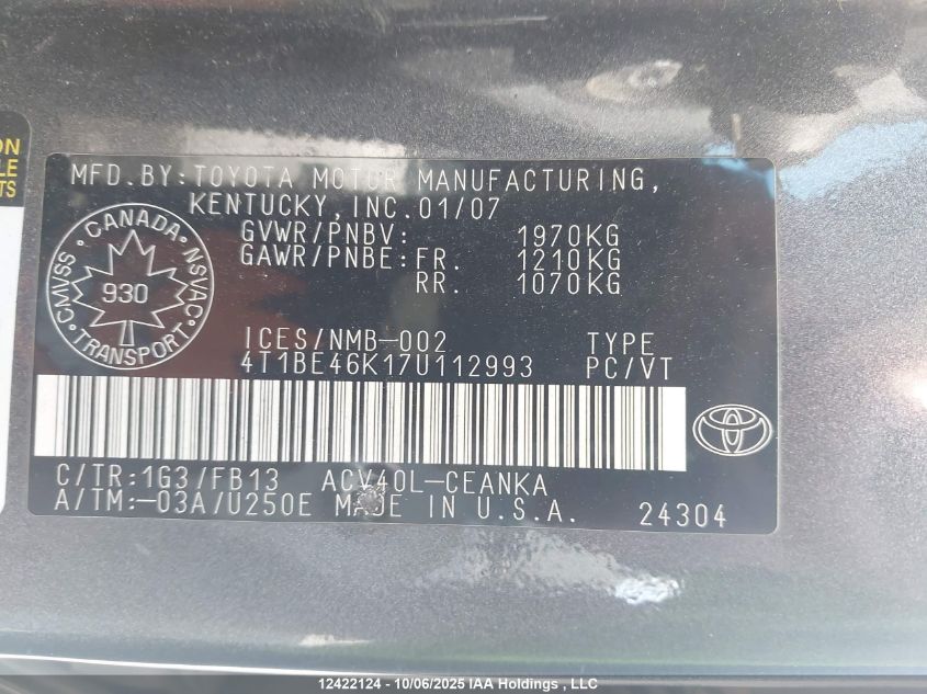 2007 Toyota Camry Le/Se VIN: 4T1BE46K17U112993 Lot: 12422124