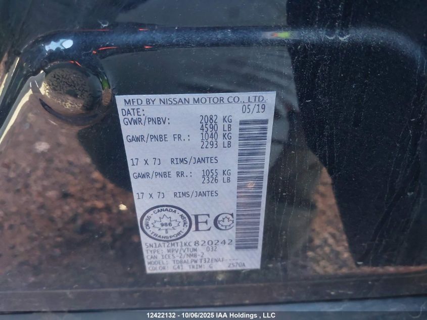 2019 Nissan Rogue S/Sl/Sv VIN: 5N1AT2MT1KC820242 Lot: 12422132