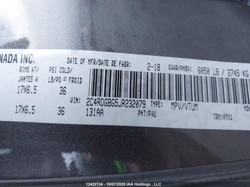 2018 Dodge Grand Caravan Cvp/Sxt VIN: 2C4RDGBG5JR232079 Lot: 12422134