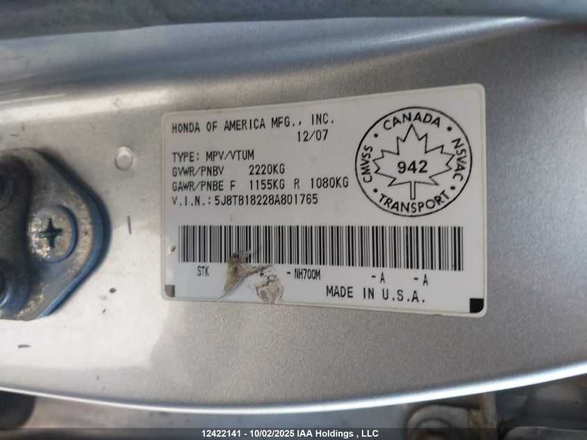 2008 Acura Rdx VIN: 5J8TB18228A801765 Lot: 12422141