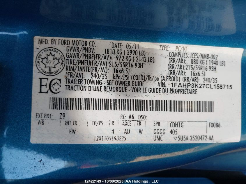 2012 Ford Focus Se VIN: 1FAHP3K27CL158715 Lot: 12422149