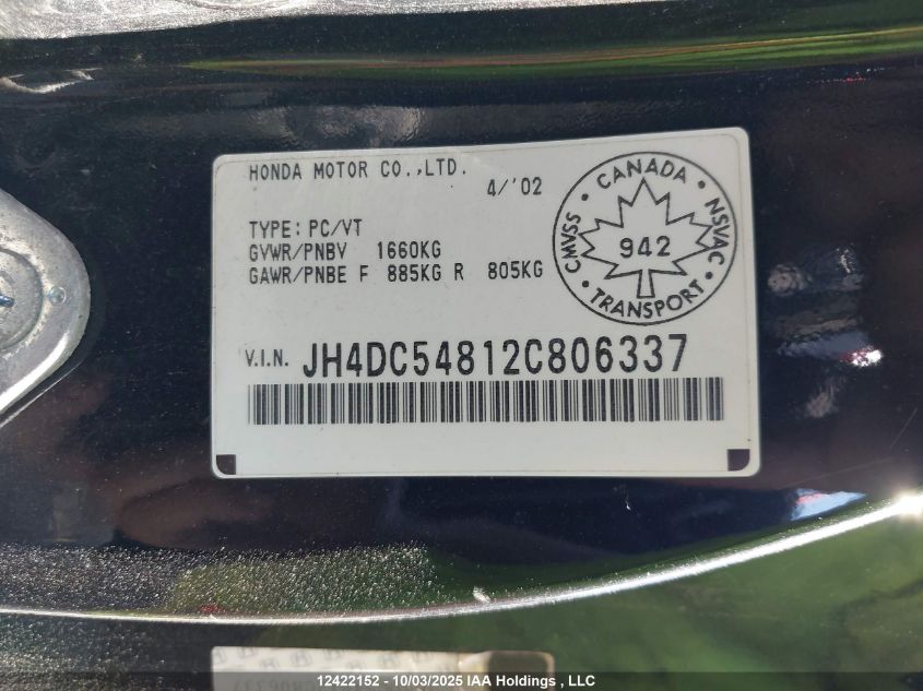 2002 Acura Rsx VIN: JH4DC54812C806337 Lot: 12422152