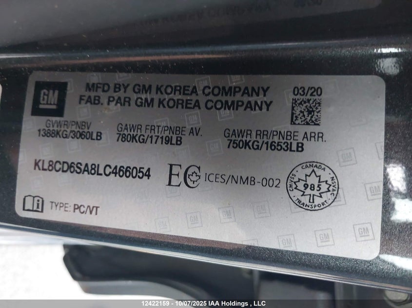 2020 Chevrolet Spark 1Lt Cvt VIN: KL8CD6SA8LC466054 Lot: 12422159