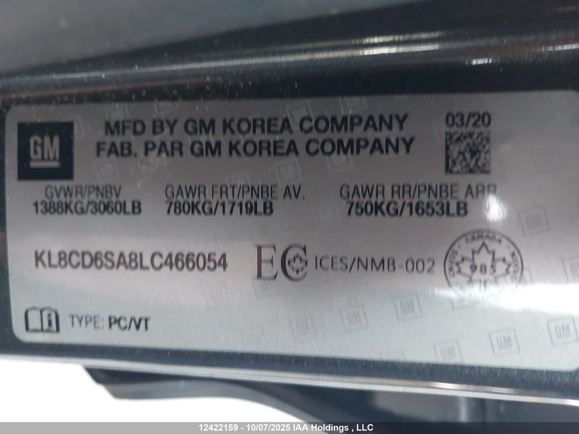 2020 Chevrolet Spark 1Lt Cvt VIN: KL8CD6SA8LC466054 Lot: 12422159