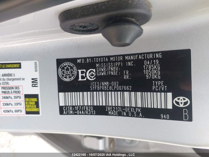 2020 Toyota Corolla Le VIN: 5YFBPRBE8LP007662 Lot: 12422165