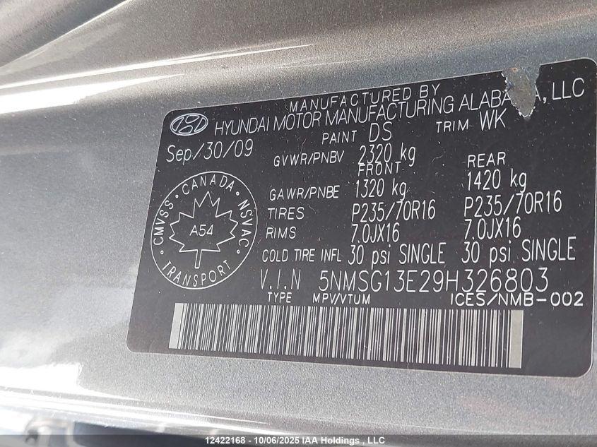 2009 Hyundai Santa Fe Gl VIN: 5NMSG13E29H326803 Lot: 12422168