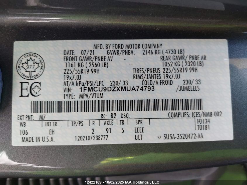 2021 Ford Escape Titanium VIN: 1FMCU9DZXMUA74793 Lot: 12422169