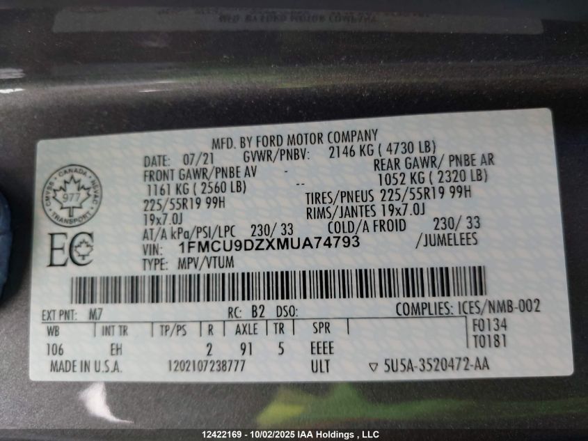 2021 Ford Escape Titanium VIN: 1FMCU9DZXMUA74793 Lot: 12422169