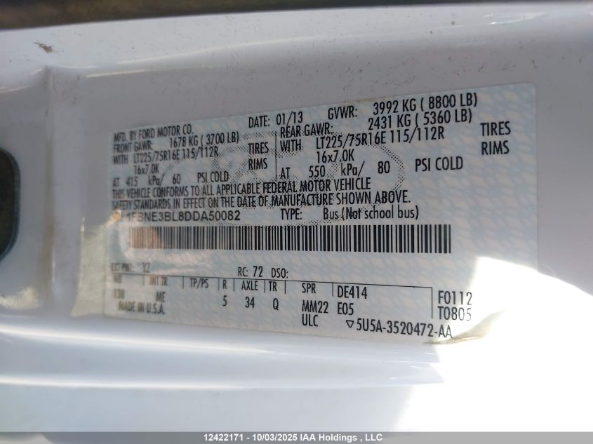 2013 Ford E-350 Super Duty Xlt VIN: 1FBNE3BL8DDA50082 Lot: 12422171