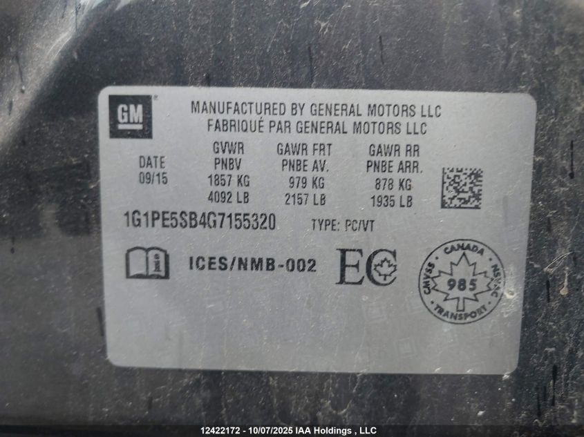 2016 Chevrolet Cruze Limited Lt VIN: 1G1PE5SB4G7155320 Lot: 12422172