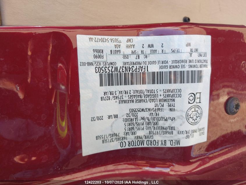 2007 Ford Focus S/Se/Ses VIN: 1FAFP34N37W253503 Lot: 12422203