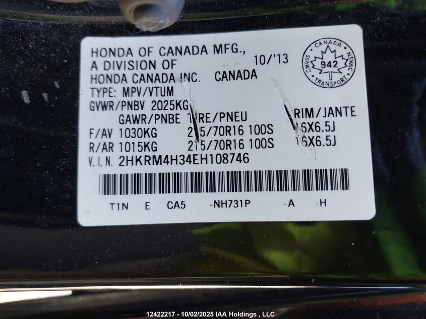 2014 Honda Cr-V Lx VIN: 2HKRM4H34EH108746 Lot: 12422217