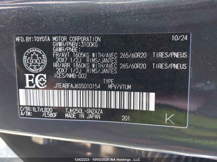 2025 Toyota Land Cruiser VIN: JTEABFAJ6S5010154 Lot: 12422223