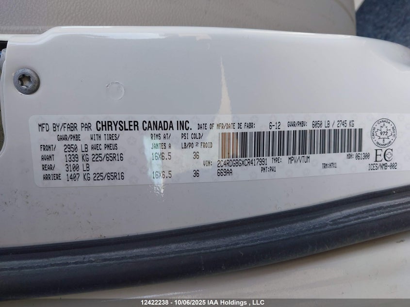 2012 Dodge Grand Caravan Se VIN: 2C4RDGBGXCR417991 Lot: 12422238