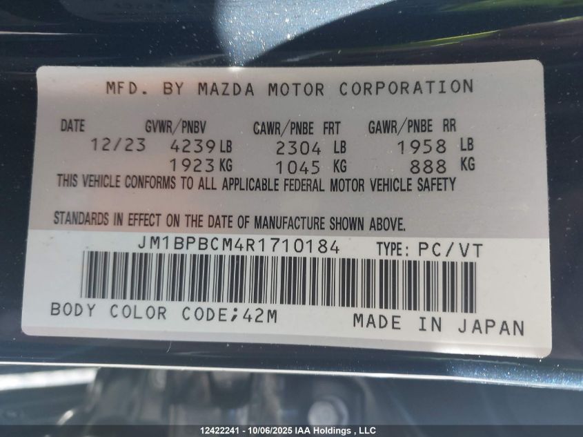 2024 Mazda Mazda3 VIN: JM1BPBCM4R1710184 Lot: 12422241