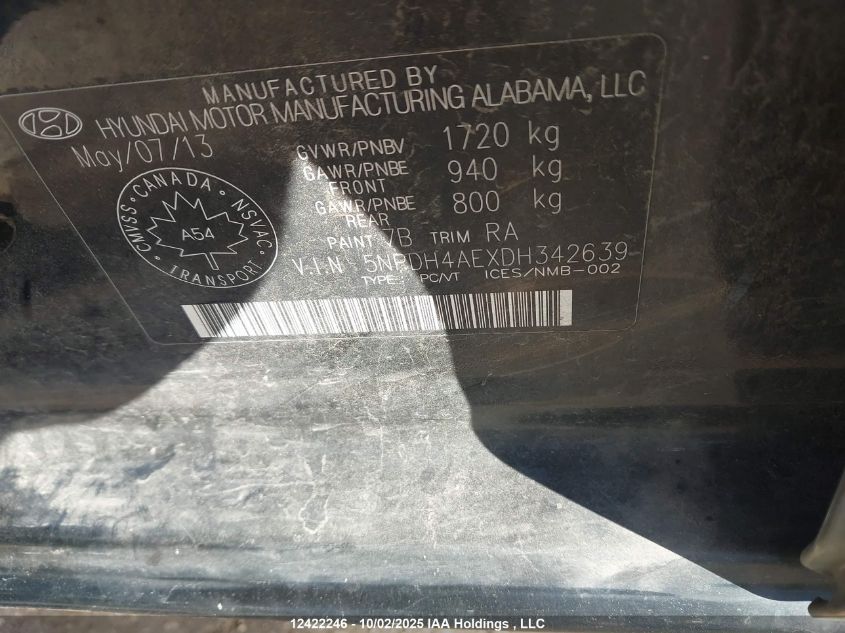 2013 Hyundai Elantra Gls VIN: 5NPDH4AEXDH342639 Lot: 12422246