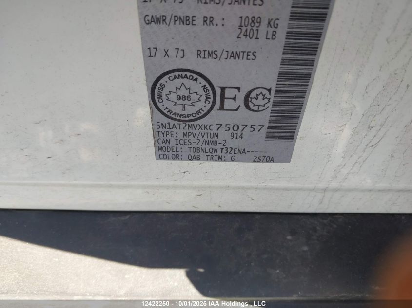 2019 Nissan Rogue S/Sl/Sv VIN: 5N1AT2MVXKC750757 Lot: 12422250