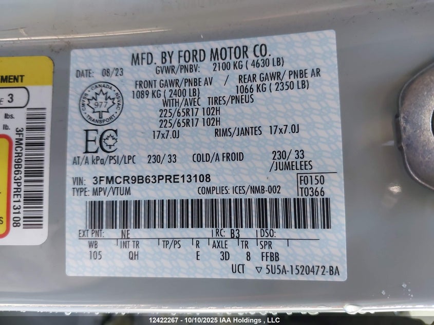 2023 Ford Bronco Sport Big Bend VIN: 3FMCR9B63PRE13108 Lot: 12422267