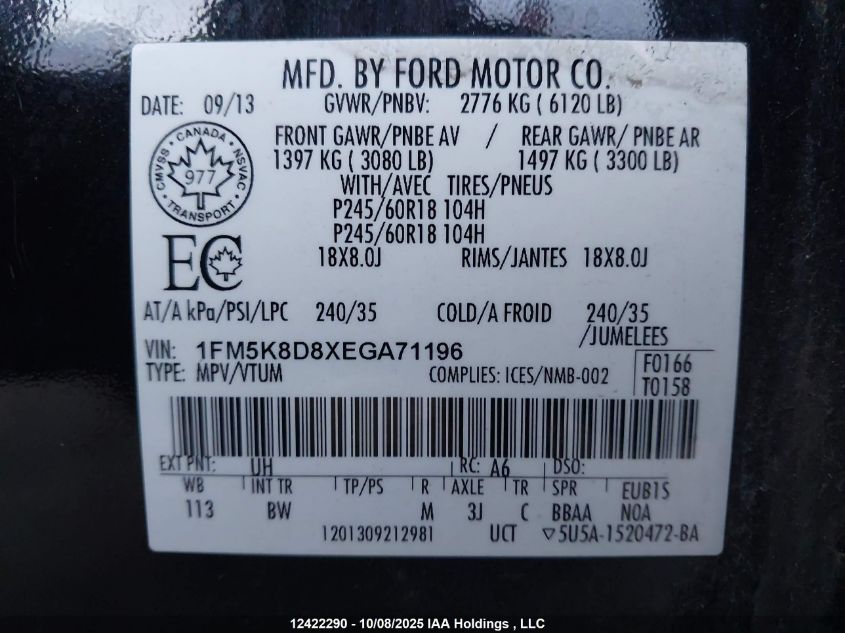 2014 Ford Explorer Xlt VIN: 1FM5K8D8XEGA71196 Lot: 12422290