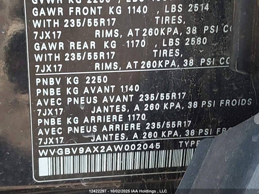 2010 Volkswagen Tiguan 2.0 Tsi Comfortline/2.0 Tsi Highline/2.0 Tsi Trendline VIN: WVGBV9AX2AW002045 Lot: 12422297