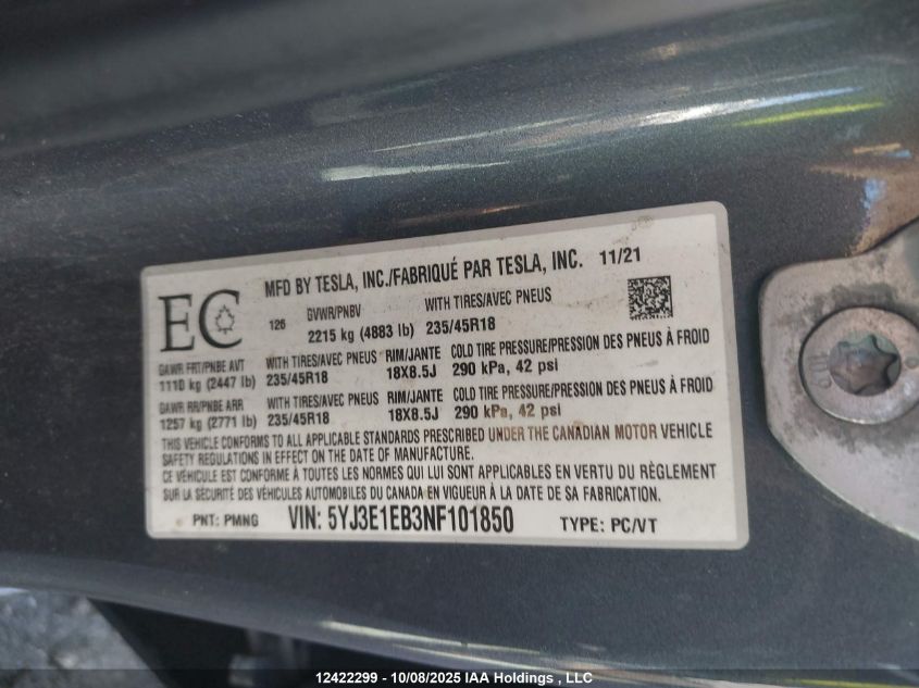 2022 Tesla Model 3 Long Range VIN: 5YJ3E1EB3NF101850 Lot: 12422299