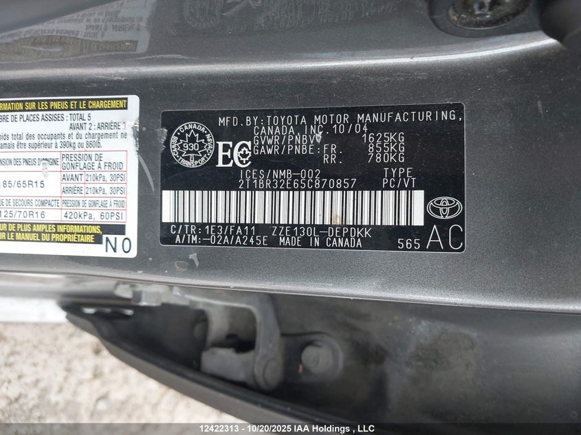 2005 Toyota Corolla Ce/Le/Sport VIN: 2T1BR32E65C870857 Lot: 12422313