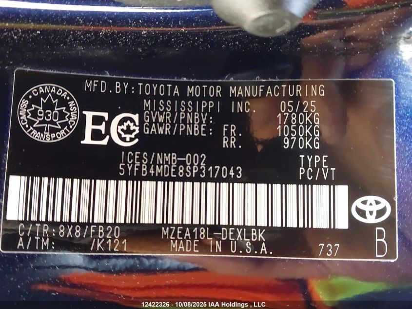 2025 Toyota Corolla Le VIN: 5YFB4MDE8SP317043 Lot: 12422326
