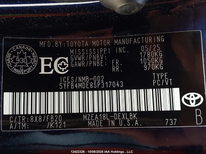 2025 Toyota Corolla Le VIN: 5YFB4MDE8SP317043 Lot: 12422326