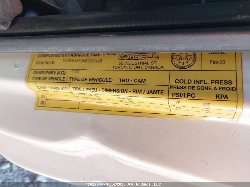 2021 Ford Econoline E450 Super Duty Cutaway Van VIN: 1FDWE4FK3MDC00148 Lot: 12422340