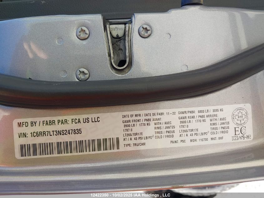 2022 Ram 1500 Classic Slt VIN: 1C6RR7LT3NS247835 Lot: 12422350