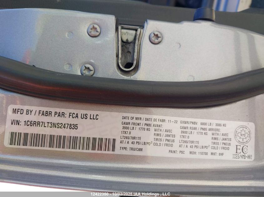 2022 Ram 1500 Classic Slt VIN: 1C6RR7LT3NS247835 Lot: 12422350