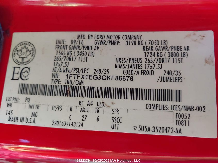 2016 Ford F150 Super Cab VIN: 1FTFX1EG3GKF86676 Lot: 12422379