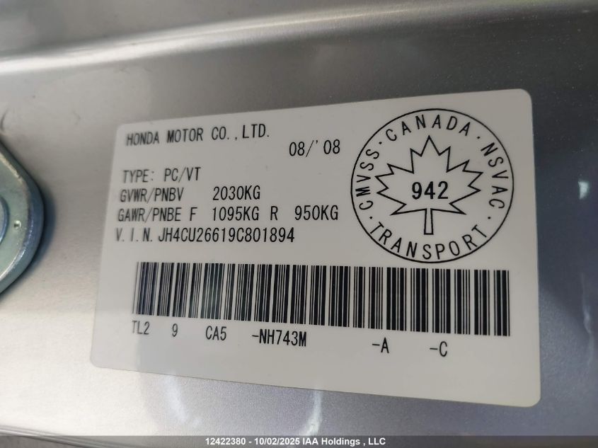 2009 Acura Tsx Premium/Technology Package VIN: JH4CU26619C801894 Lot: 12422380