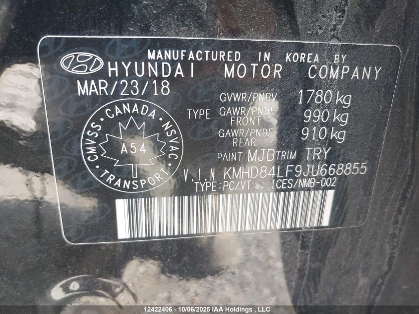 2018 Hyundai Elantra VIN: KMHD84LF9JU668855 Lot: 12422406