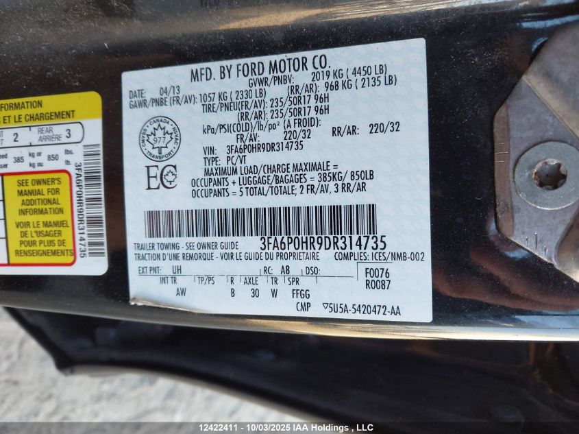 2013 Ford Fusion Se VIN: 3FA6P0HR9DR314735 Lot: 12422411