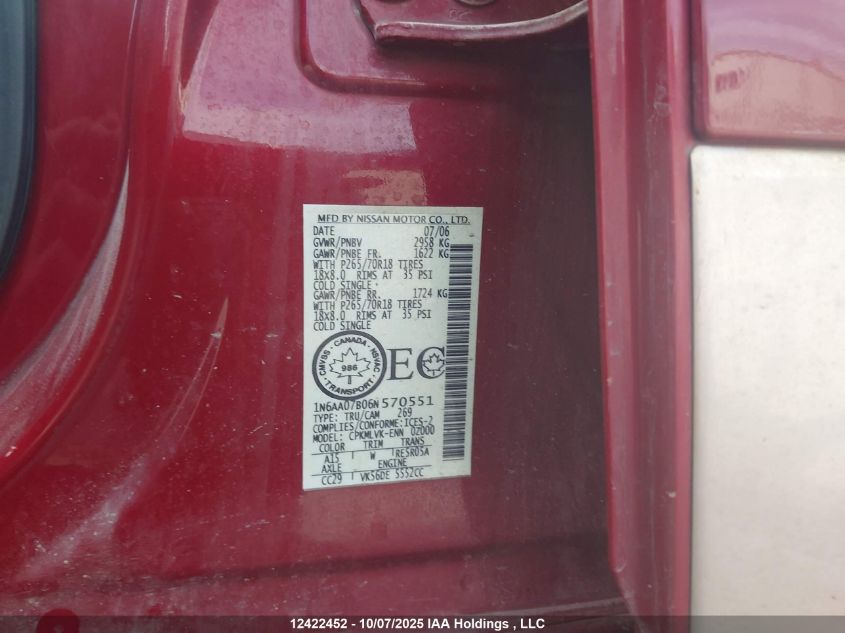 2006 Nissan Titan Xe/Se/Le VIN: 1N6AA07B06N570551 Lot: 12422452