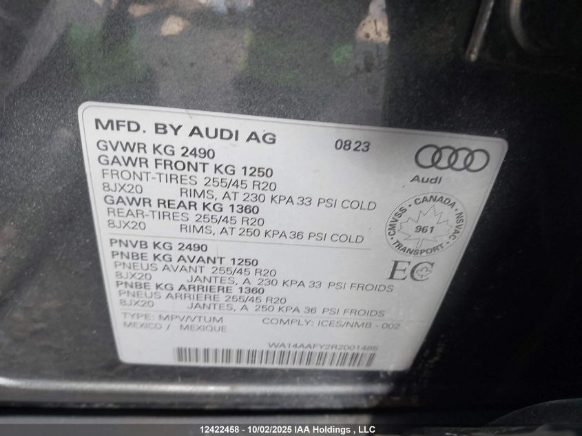 2024 Audi Q5 45 Progressiv VIN: WA14AAFY2R2001485 Lot: 12422458