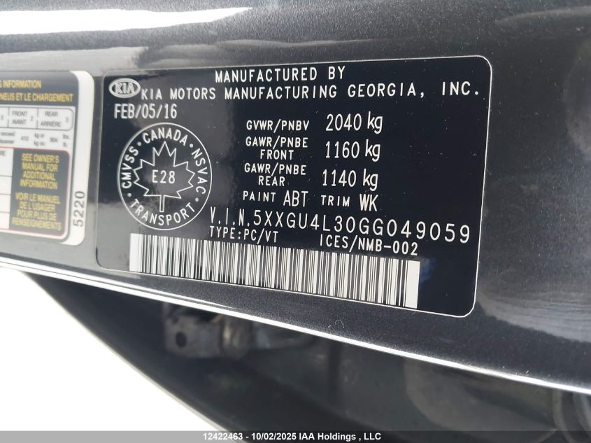 2016 Kia Optima Ex/Ex Tech VIN: 5XXGU4L30GG049059 Lot: 12422463