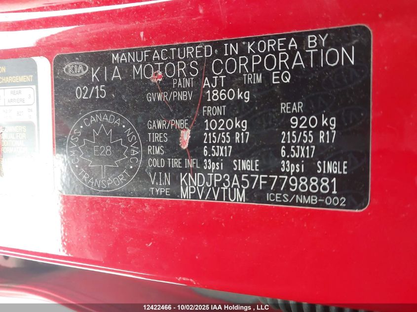 2015 Kia Soul + VIN: KNDJP3A57F7798881 Lot: 12422466