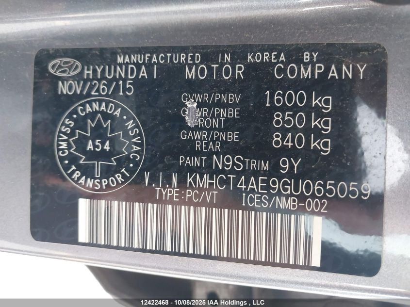 2016 Hyundai Accent Se VIN: KMHCT4AE9GU065059 Lot: 12422468