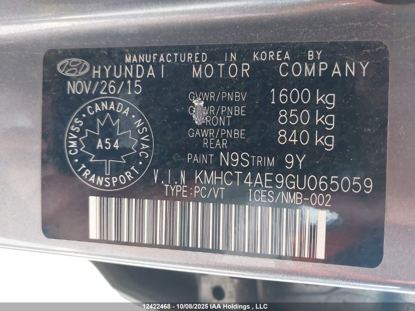 2016 Hyundai Accent Se VIN: KMHCT4AE9GU065059 Lot: 12422468