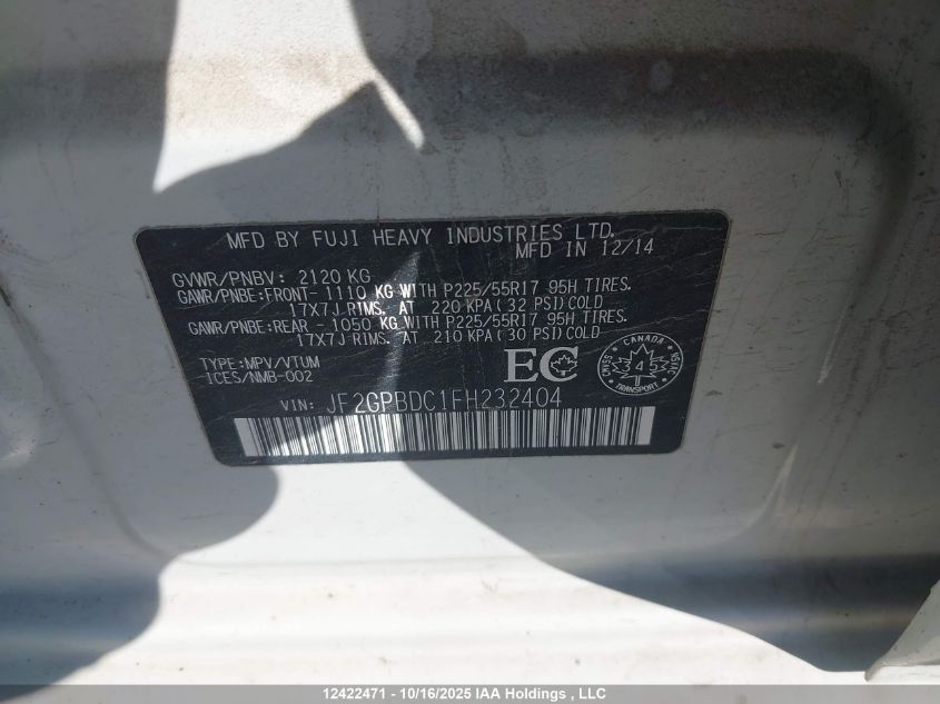 2015 Subaru Xv Crosstrek Hybrid VIN: JF2GPBDC1FH232404 Lot: 12422471