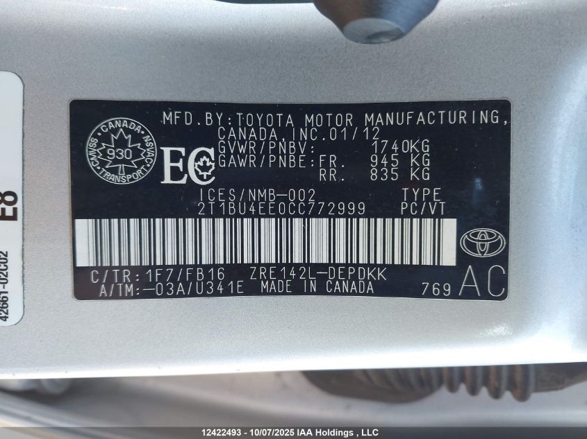 2012 Toyota Corolla Ce VIN: 2T1BU4EE0CC772999 Lot: 12422493