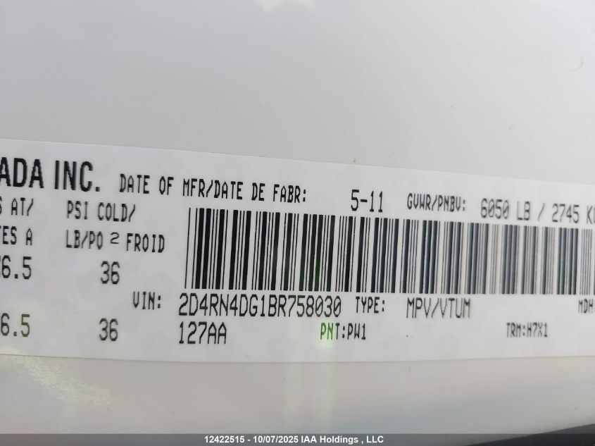 2011 Dodge Grand Caravan Se/Sxt VIN: 2D4RN4DG1BR758030 Lot: 12422515