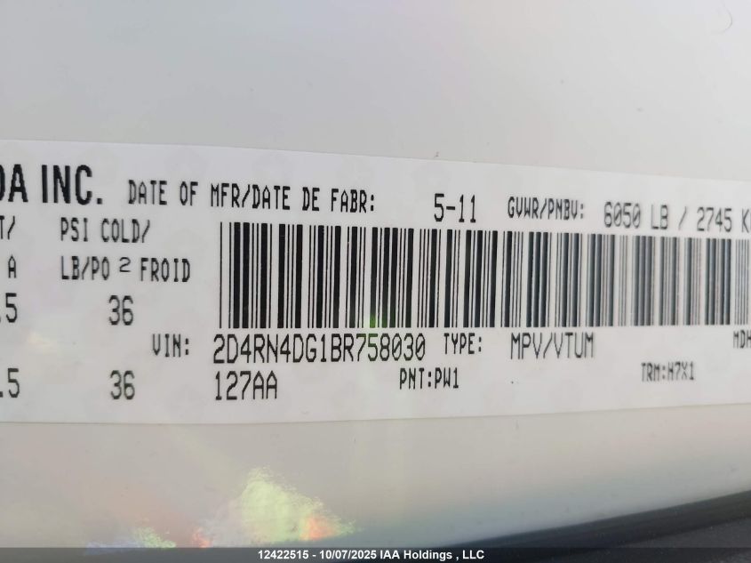 2011 Dodge Grand Caravan Se/Sxt VIN: 2D4RN4DG1BR758030 Lot: 12422515