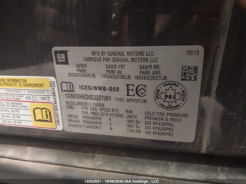 2014 Chevrolet Traverse 2Lt VIN: 1GNKVHKD8EJ207981 Lot: 12422521