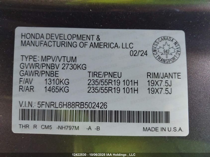 2024 Honda Odyssey VIN: 5FNRL6H88RB502426 Lot: 12422530