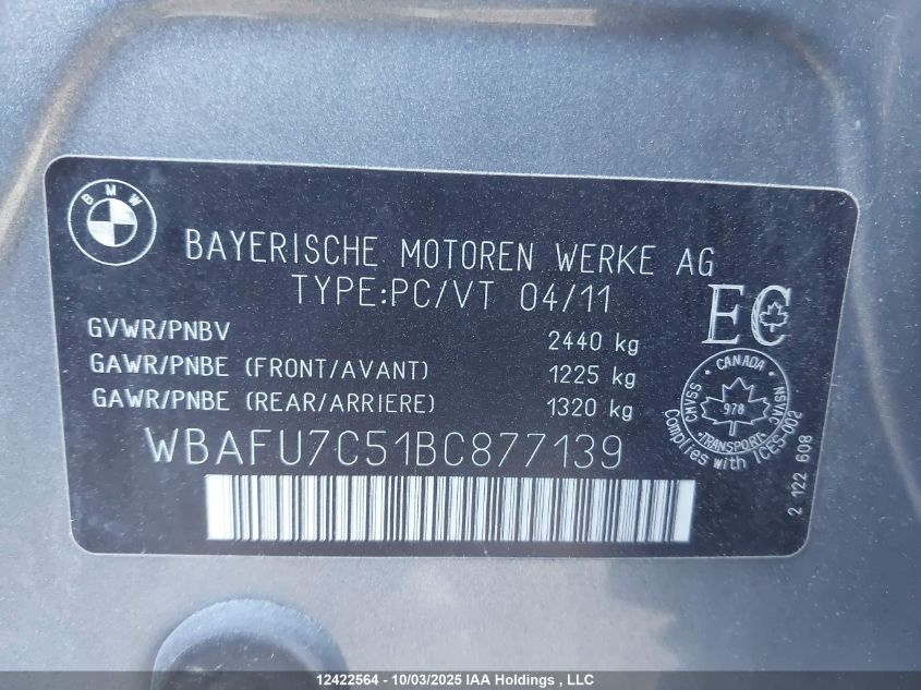 2011 BMW 535I xDrive VIN: WBAFU7C51BC877139 Lot: 12422564
