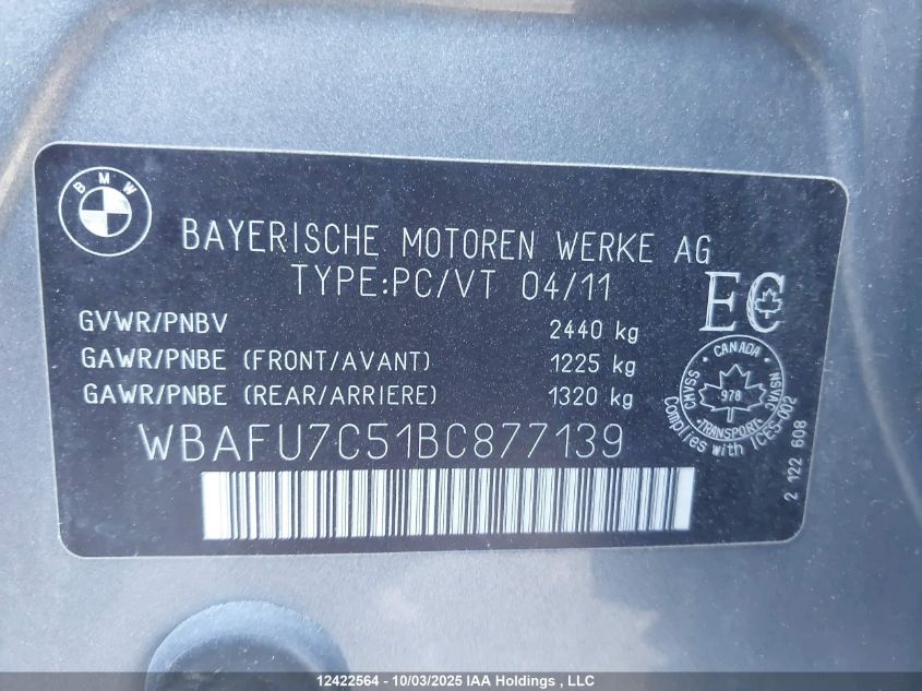 2011 BMW 535I xDrive VIN: WBAFU7C51BC877139 Lot: 12422564